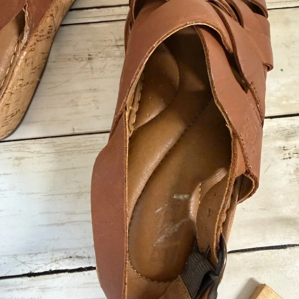 Born Wedge Sandals Womens 8 Brown Leather Strappy Woven Cork Slingback F01206